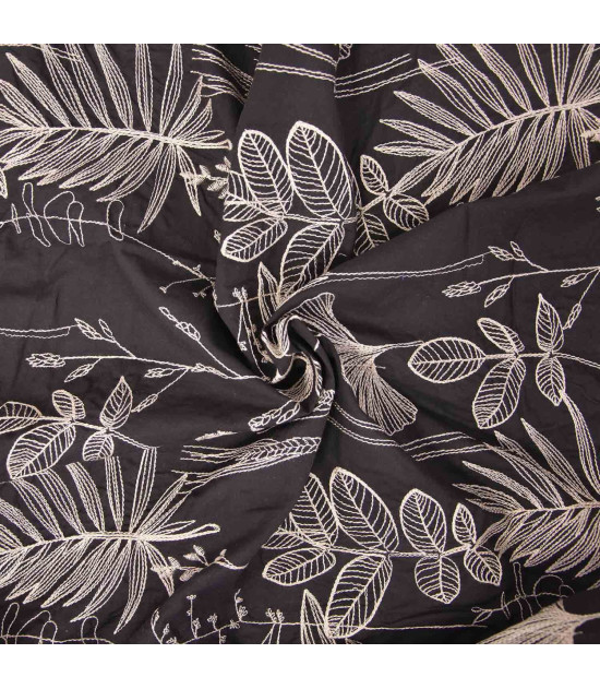 Tela Voile de algodón negro con bordado beige - Agotado