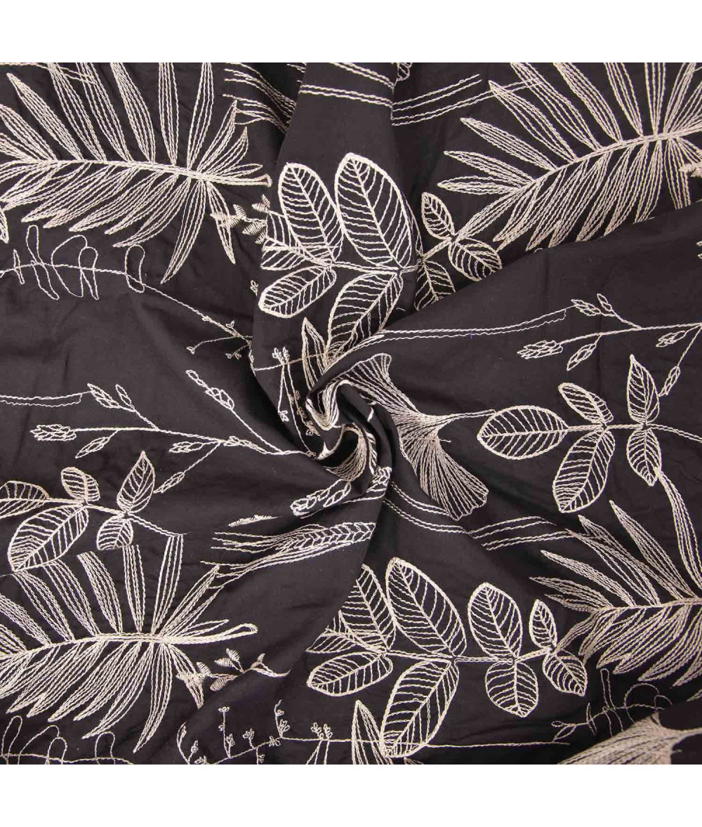 Tela Voile de algodón negro con bordado beige - Agotado