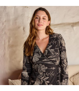 Tela Voile de algodón negro con bordado beige - Agotado