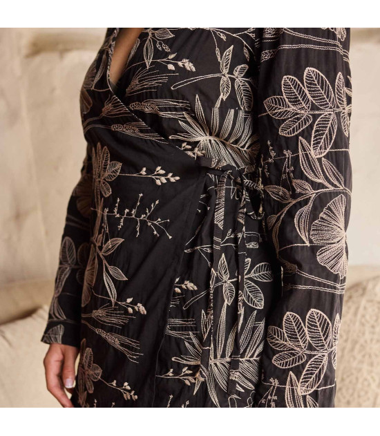 Tela Voile de algodón negro con bordado beige - Agotado