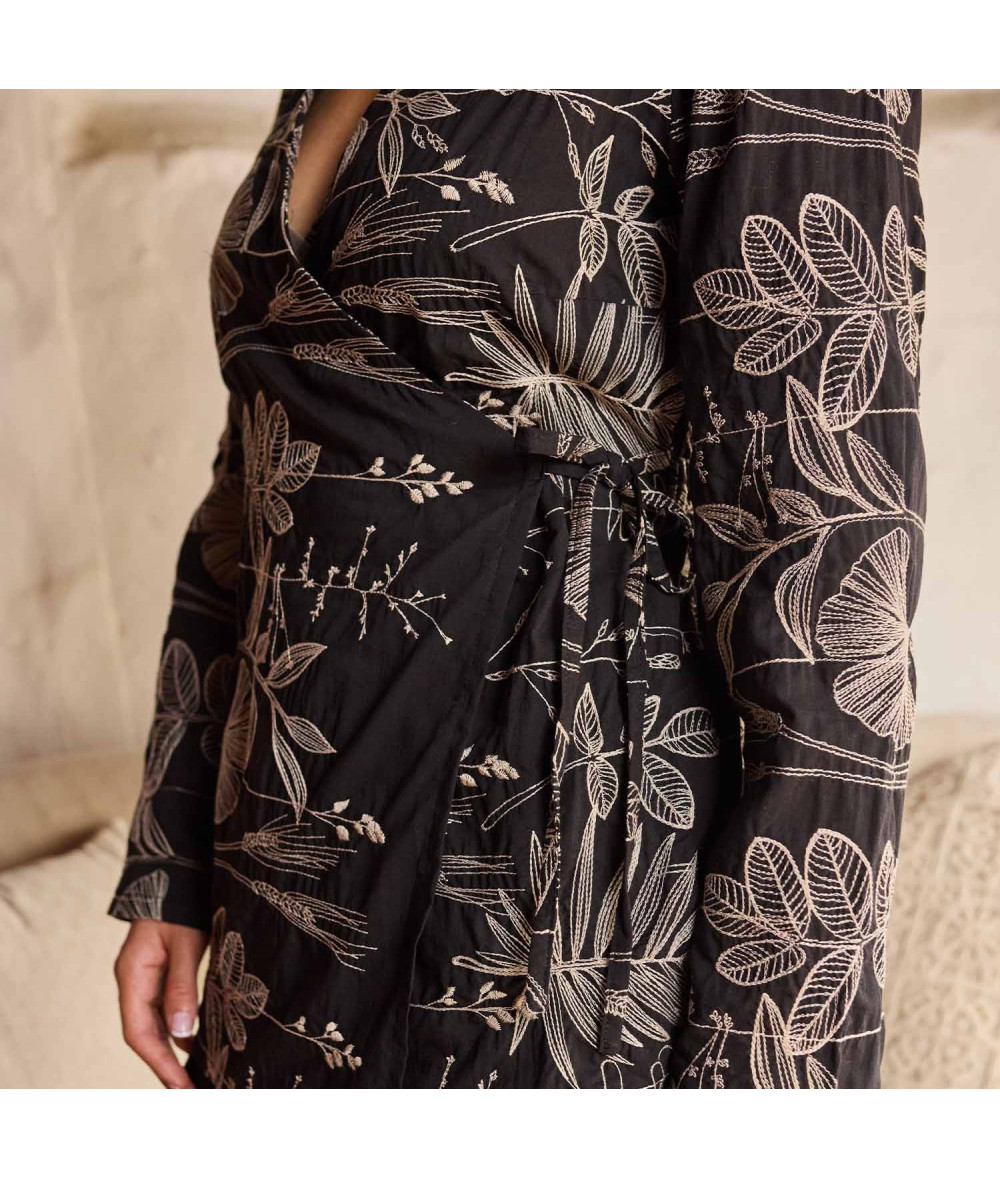 Tela Voile de algodón negro con bordado beige - Agotado