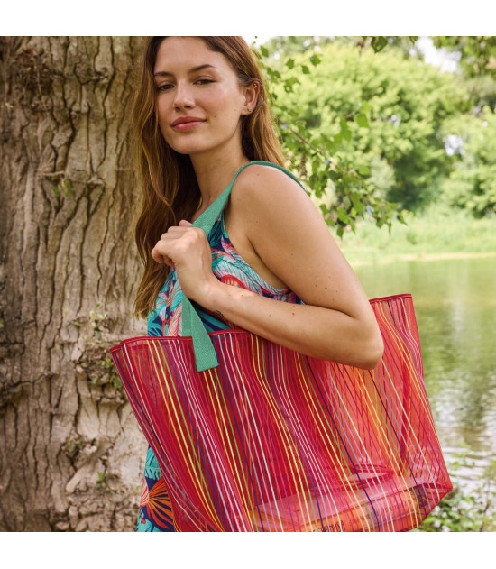 Tela Tejido de rejilla de rayas multicolor Coral - Agotado