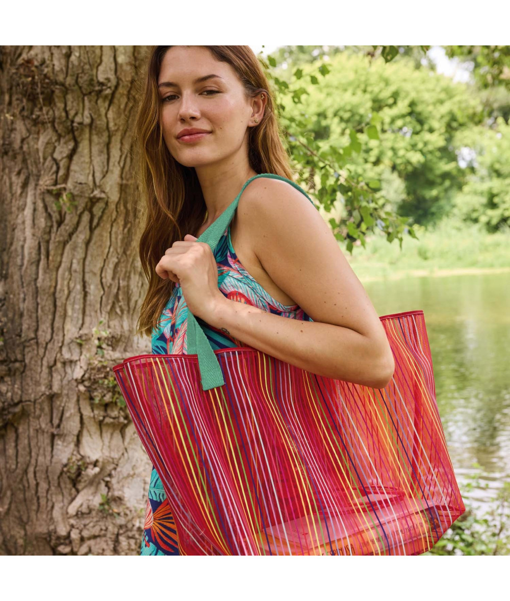 Tela Tejido de rejilla de rayas multicolor Coral - Agotado